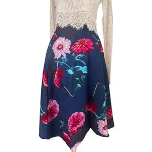 Banana Republic Navy w/ Red/Pink Floral Botanical Print Midi Skirt, Size 4